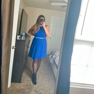 Cobalt Blue Fit N Flare Sleeveless Dress w Intricate Pleated High Neckline 💙